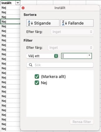 A screenshot of a sorting and filtering window in a spreadsheet program, overlaid on a column with the heading "Inställt" (Cancelled). The window is titled "Inställt" and is divided into two sections: "Sortera" (Sort) and "Filter". The sorting section includes buttons for "Stigande" (Ascending) and "Fallande" (Descending) order. The filter section features dropdown menus for color selection and conditions, along with a search bar. At the bottom of the window, there is a checklist where both "(Markera allt)" (Select all) and "Nej" (No) are checked. A faded button labeled "Rensa filter" (Clear filter) is visible in the bottom right corner.