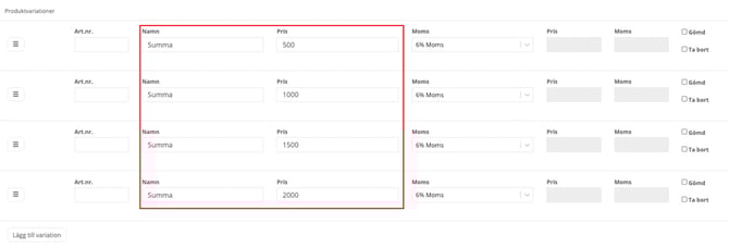En sektion med rubriken ”Produktvariationer” som visar fyra rader med inmatningsfält. Varje rad har ett meny-ikon till vänster, följt av fält för ”Art.nr.” (tomt), ”Namn” (ifyllt med ”Summa”), ”Pris” (med värdena 500, 1000, 1500 respektive 2000), samt en rullista för ”Moms” inställd på ”6% Moms”. En röd rektangel markerar fälten för namn och pris i alla fyra rader. Till höger om varje rad finns kryssrutor för ”Gömd” och ”Ta bort”, och längst ner till vänster finns en knapp med texten ”Lägg till variation”.