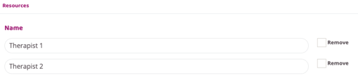 Resources settings page showing two resources named Therapist 1 and Therapist 2, each displayed as an editable name field with a Remove checkbox.
