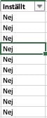En närbild av en kolumn i ett kalkylblad med rubriken ”Inställt”. Under rubriken visas en lista med rader som alla innehåller ordet ”Nej”. En av raderna är markerad med en mörkgrön ram, och till höger om rubriken finns en liten grå pilknapp för filtrering.
