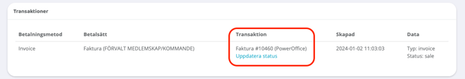 En sektion med rubriken ”Transaktioner” som visar en rad i en tabell. Raden har kolumnerna ”Betalningsmetod” (Invoice), ”Betalsätt” (Faktura (FÖRVALT MEDLEMSKAP/KOMMANDE)), ”Transaktion”, ”Skapad” (2024-01-02 11:03:03) och ”Data” (Typ: invoice, Status: sale). En röd rundad rektangel markerar fältet för transaktion, som innehåller texten ”Faktura #10460 (PowerOffice)” och en blå länk med texten ”Uppdatera status”.