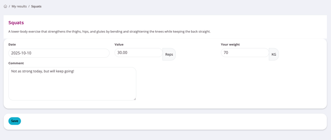 Screenshot showing the form to fill in when registering Squats, with a date, value and weight.