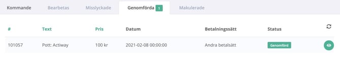 En tabellvy som visar genomförda beställningar under fliken ”Genomförda (1)”. Tabellen innehåller en rad för ordernummer 101057 med texten ”Pott: Actiway”. Priset är 100 kr och datumet är satt till 2021-02-08 00:00:00. Betalningssättet anges som ”Andra betalsätt” och statusen visas som en grön etikett med texten ”Genomförd”. Längst till höger finns en grön ikon för att visa detaljer.