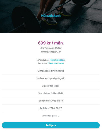 Ett digitalt medlemskort med rubriken ”Månadskort”. Kortet har en bakgrundsbild på en person som tränar med en skivstång och visar ett pris på 699 kr/månad, med en startkostnad på 150 kr och en passkostnad på 90 kr. Innehavaren anges vara Mats Claesson och betalaren Claes Mattsson. Kortet listar villkor som 12 månaders bindningstid, 3 månaders uppsägningstid, samt att 2 pass per dag ingår. Startdatumet är 2024-02-14, medlemskapet är bundet till 2025-02-13 och avslutas 2024-06-22. Längst ner finns en turkos knapp med texten ”Redigera”.