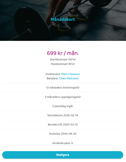 Ett digitalt medlemskort med rubriken ”Månadskort”. Kortet har en bakgrundsbild på en person som tränar med en skivstång och visar ett pris på 699 kr/månad, med en startkostnad på 150 kr och en passkostnad på 90 kr. Innehavaren anges vara Mats Claesson och betalaren Claes Mattsson. Kortet listar villkor som 12 månaders bindningstid, 3 månaders uppsägningstid, samt att 2 pass per dag ingår. Startdatumet är 2024-02-14, medlemskapet är bundet till 2025-02-13 och avslutas 2024-06-22. Längst ner finns en turkos knapp med texten ”Redigera”.
