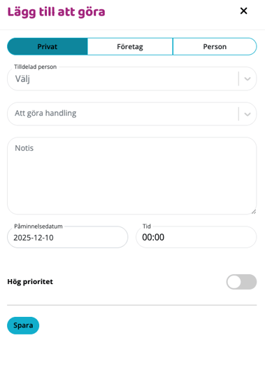 Skärmbild av formuläret ‘Lägg till att göra’ med flikar för Privat, Företag och Person samt fält för tilldelning, handling, notis, påminnelsedatum, tid och prioritet.