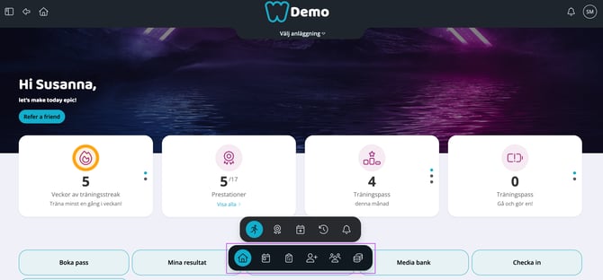 Skärmbild av Dashboardens startsida i Wondr. I nederkant syns två horisontella ikonmenyer; den nedersta visar hemikonen som vald.