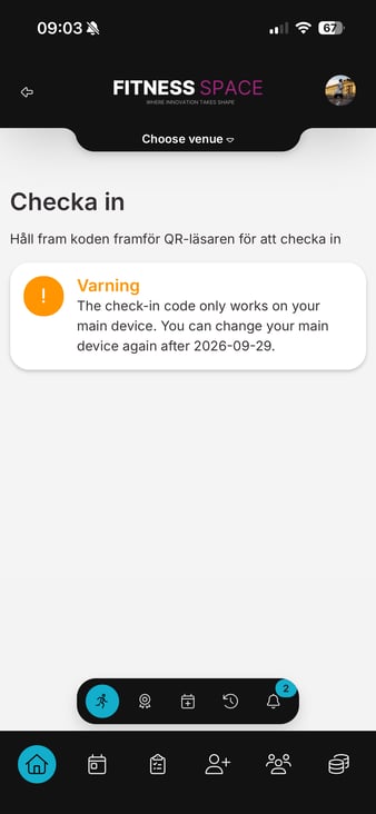 Wondr member app check-in screen on a secondary device. Instead of a QR code, an orange warning box reads: The check-in code only works on your main device. You can change your main device again after 2026-09-29.