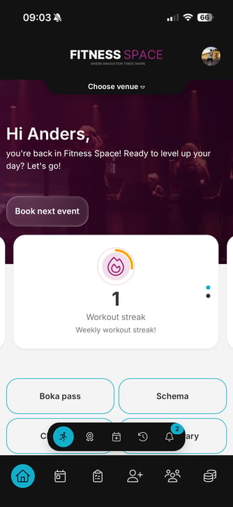Home screen — secondary device Wondr member app home screen on a secondary device. The quick actions bar shows the same workout, achievements, booking, history, and notifications icons, but no facility access icon.