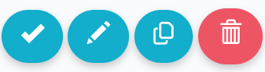 Fyra runda ikoner för vanliga åtgärder: en bock för att bekräfta, en penna för att redigera, två överlappande ark för att kopiera samt en papperskorg för att radera.