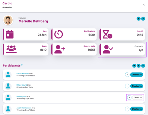 Activity details view for a cardio session in “Stora salen” with instructor, date, start time, duration, and capacity details. The check-in status is highlighted, showing 7 of 8 participants checked in, with a participant list and individual check-in controls below.