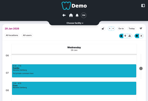 Daily schedule view for Wednesday, 28 Jan 2026, filtered by all locations and all users. Two activities are shown as time blocks: a cardio session from 06:30–07:15 and a core session from 07:30–08:15, both led by Marielle Dahlberg.