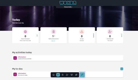 Today dashboard showing summary cards for class champion, staff achievements, overdue to-dos, and activities led. The “My activities today” and “My to-dos” sections both display information messages indicating no items found, and the bottom navigation highlights the selected menu icon.
