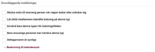 Överblick över tillgängliga Grundläggande inställningar för en bokningstyp