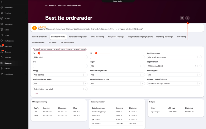 «Bestilte ordrerader» — velg periode øverst, last ned til høyre.
