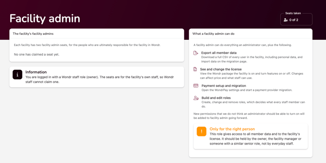 The Facility admin page before anyone has requested a seat.