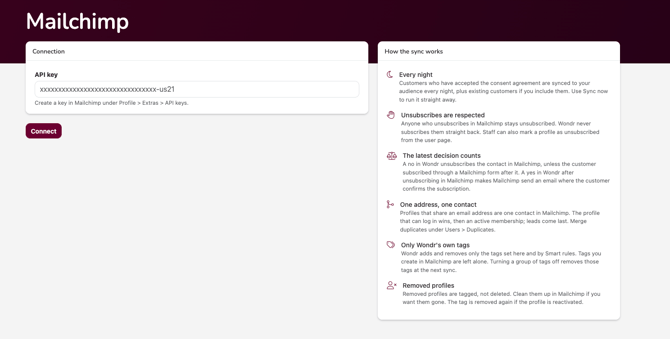 The Connection box on the Mailchimp page without an API key connected.