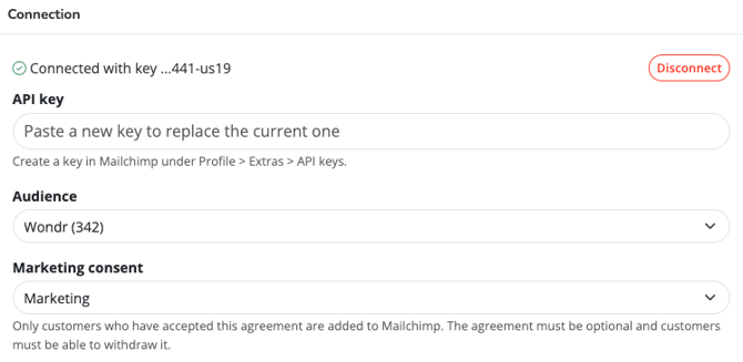 The Connection box on the Mailchimp page with an API key connected and an audience and consent agreement chosen.