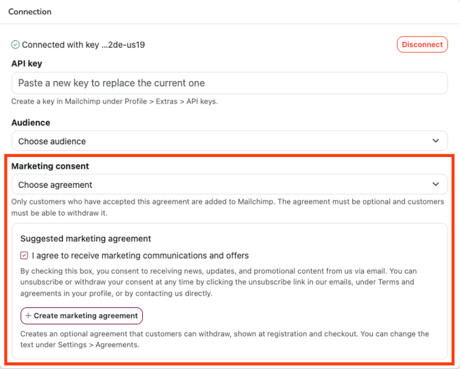 The suggested marketing agreement text with the Create marketing agreement button.
