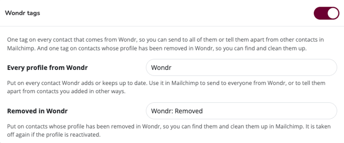 The Wondr tags settings.