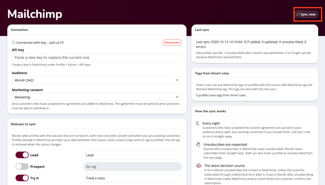 General settings and the "Sync now" button in the top right highlighted.