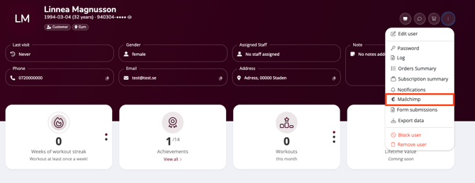 User profile with Mailchimp option highlighted in the menu.