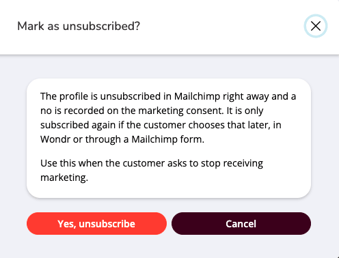 The confirmation dialog for marking a profile as unsubscribed.