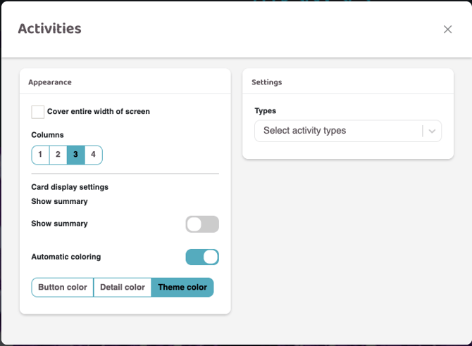 Screenshot showing the settings panel for Activities-block in MarketingHub