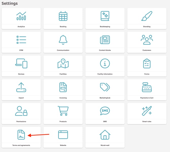 Screenshot showing an arrow pointing to the Settings sub-menu Terms and agreements