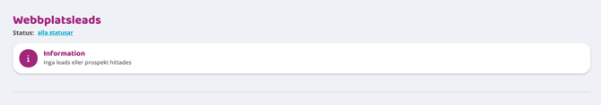 Skärmbild av vyn ‘Webbplatsleads’ med ett statusfilter och en informationsruta som anger att inga leads eller prospekt hittades.”