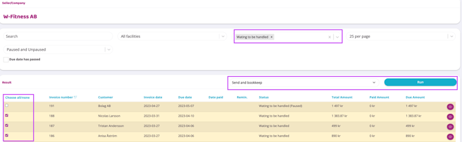 A comprehensive dashboard for "W-Fitness AB" titled "Seller/Company." The top section features search filters, including a status filter set to "Waiting to be handled" and a checkbox for "Due date has passed." Below, the "Result" section shows a table with four entries for customers Bolag AB, Nicolas Larsson, Tristan Andersson, and Anisa Åström. A purple box on the left highlights the "Choose all/none" column where three of the four rows are checked. Another purple box highlights a bulk action dropdown set to "Send and bookkeep" next to a teal "Run" button. The table columns display invoice numbers, dates, statuses such as "Waiting to be handled (Paused)," and amounts in SEK (kr).