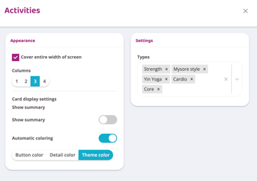 Screenshot showing the Activity block in MarketingHub with some activity types selected