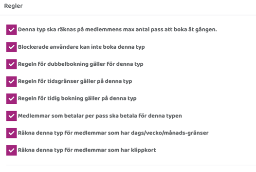 Vy över alla regler som gäller och som du här kan skriva över för bokningstypen.