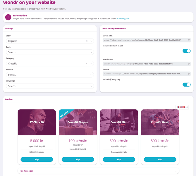Screenshot showing the Embed-page with view-field selected, showing the iframe code and preview for the Register-page