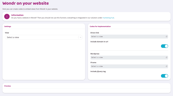 Screenshot showing the Embed-page with fields to select which views to generate iframe codes for