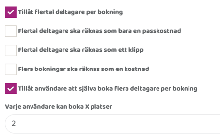 Inställningar för att varje deltagare ska kunna boka mer än en personn.