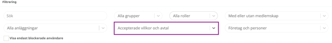 Gränssnittet för sektionen ”Filtrering” som innehåller flera sökfält och rullgardinsmenyer för att sortera information. Överst finns fält för sökning, val av grupper, roller samt medlemskapsstatus. På den nedre raden finns val för anläggningar, företag och personer, samt en kryssruta för att endast visa blockerade användare. En lila rektangel markerar rullgardinsmenyn i mitten på den nedre raden med den valda texten ”Accepterade villkor och avtal”.