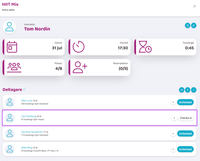 En guide till hur du kan se om en deltagare har checkat in eller ej till ett gruppträningspass.