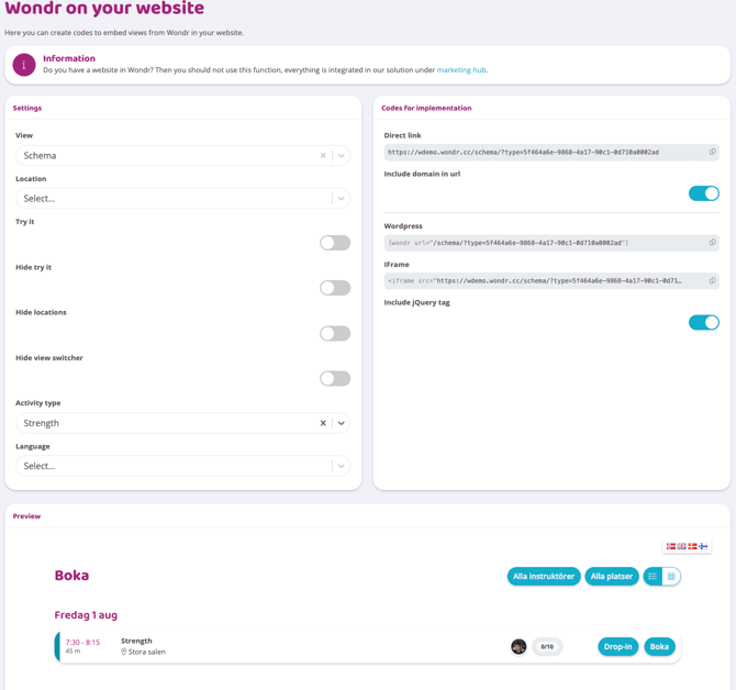 Screenshot showing the Embed-page with view-field selected, showing the iframe code and preview for the Schema-page