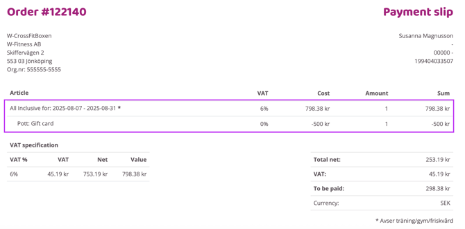 A digital payment slip for "Order #122140" issued to Susanna Magnusson. The seller is listed as W-Fitness AB in Jönköping. A purple box highlights two line items: "All Inclusive" for August 2025 at 798.38 kr (6% VAT) and a "Pott: Gift card" deduction of -500 kr (0% VAT). The bottom section includes a VAT specification table and a total summary showing a "Total net" of 253.19 kr, "VAT" of 45.19 kr, and a final "To be paid" amount of 298.38 SEK.