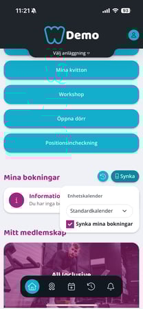 Skärmbild som visar den popover-meny där du kan välja vilka kalendrar som ska vara tillgängliga för Wondr-appen.