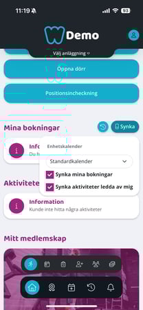 Skärmbild som visar hur vyn ser ut för personal, vilket även inkluderar kryssrutan "Synka även aktiviteter ledda av mig".