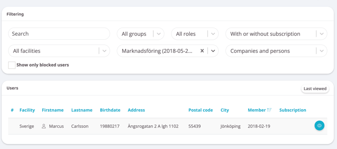 A screenshot from the Users-page, showing the filter-field "Accepted terms &amp; Agreements" set to a term, filtering all who has accepted