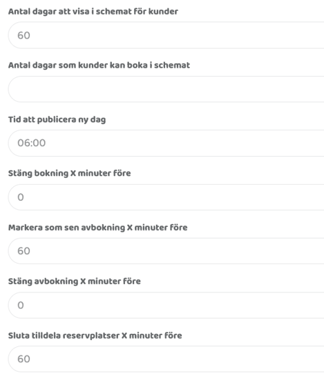 Vy över standardvärden för bokningsregler som kan överskrivas här. 