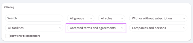 A screenshot highlighting the "Accepted terms and agreements"-filter field on the Users-page