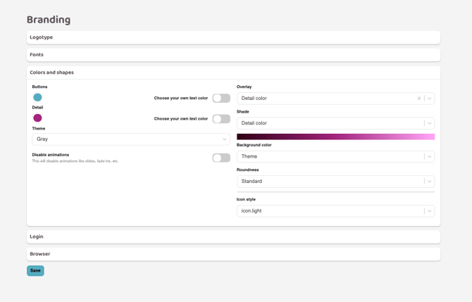Screenshot showing the Settings for your Branding, with options to change logo, fonts, colors and more.