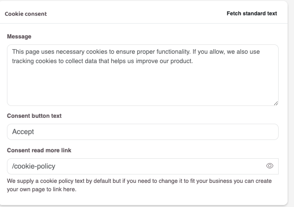 Screenshot showing the Cookie-consent panel of the Analytics settings page, with options to set message, button text and read more link