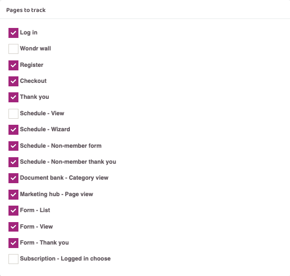 Screenshot showing toggle boxes listing pages available in Wondr.