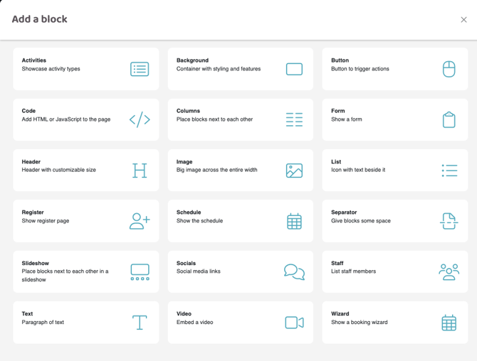 Screenshot showing the available blocks you can use when adding content in MarketingHub