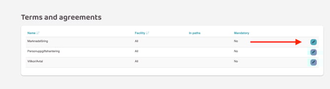 Screenshot showing an arrow pointing to the edit button fro a specific Term/Agreement